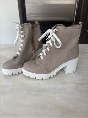 Soda Taupe Canvas Lace-Up Chunky Heel Boots with White Lug Sole